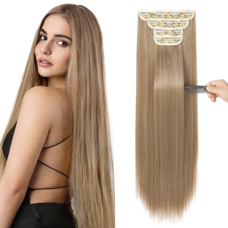 REECHO 28 Straight Super Long 4 PCS Set Thick Clip in on Hair Extensions Dark Blonde